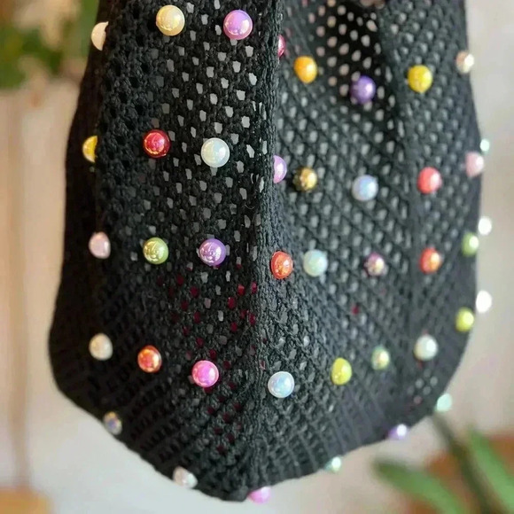 Boho Crochet Black Tote Bag with Colorful Beads - 15x12 Handmade Market Bag - Picture 4 of 9